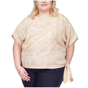 Michael Kors Women's Plus Size Kimono Sleeve Side Tie Top, Khaki Palm Print, 2X